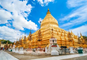 Shwezigon Pagoda, a significant Buddhist stupa located in Nyaung-U, Bagan, Myanmar.
