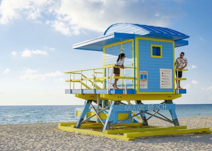colorful lifeguard towers on Miami Beach, Florida