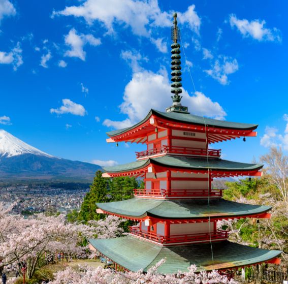 Chureito Pagoda at Arakurayama Sengen Park in Fujiyoshida, Japan, with Mount Fuji in the background